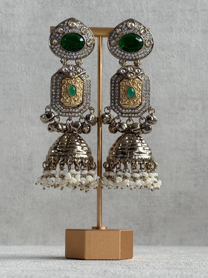 Ayura Designs Maara Jhumkis – Champagne Gold with Emerald Green Stones, Crystals, Ghungroos & Pearl Detailing