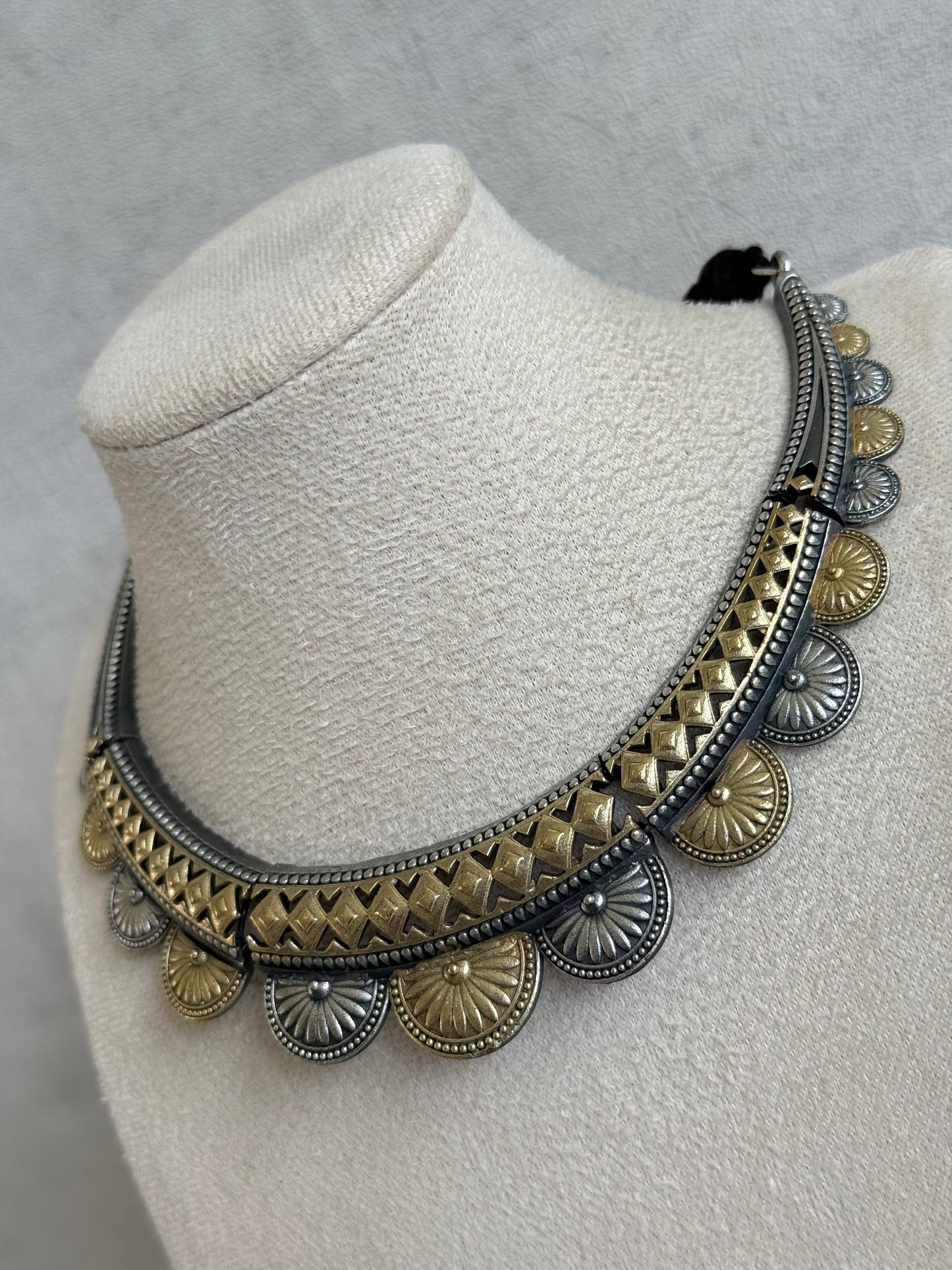 Ayura Designs Surmai Necklace Set with Earrings – Dual Tone Oxidised Necklace with Disc Motifs & Geometric Detailing