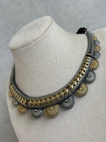 Ayura Designs Surmai Necklace Set with Earrings – Dual Tone Oxidised Necklace with Disc Motifs & Geometric Detailing