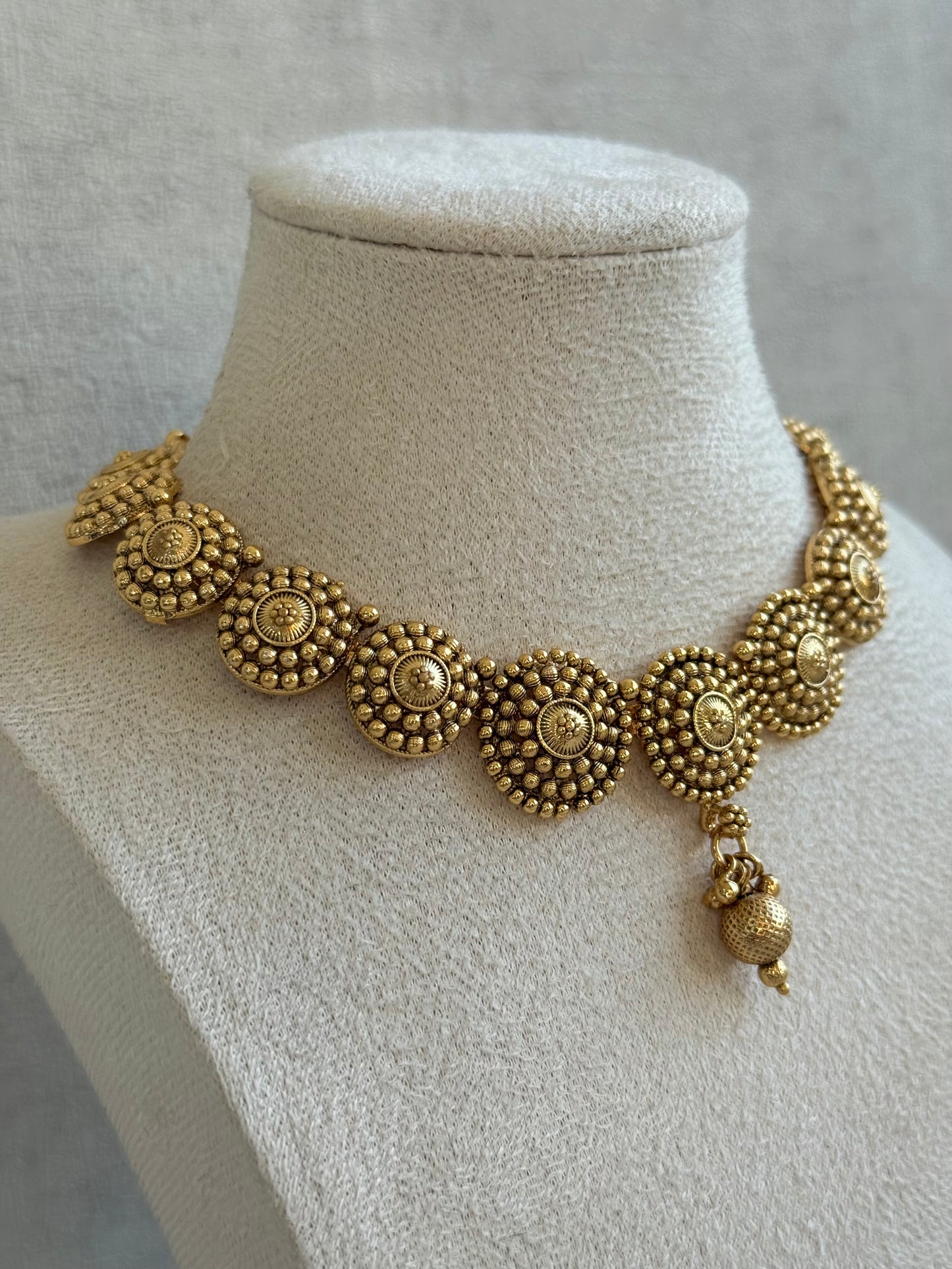 Ayura Designs Reet Set with Necklace & Jhumkis – Antique Gold with Textured Floral Motifs & Dome Drops