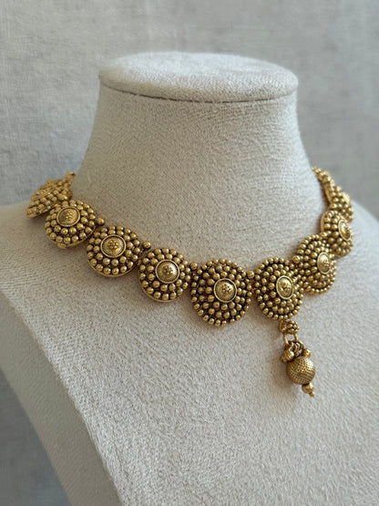 Ayura Designs Reet Set with Necklace & Jhumkis – Antique Gold with Textured Floral Motifs & Dome Drops