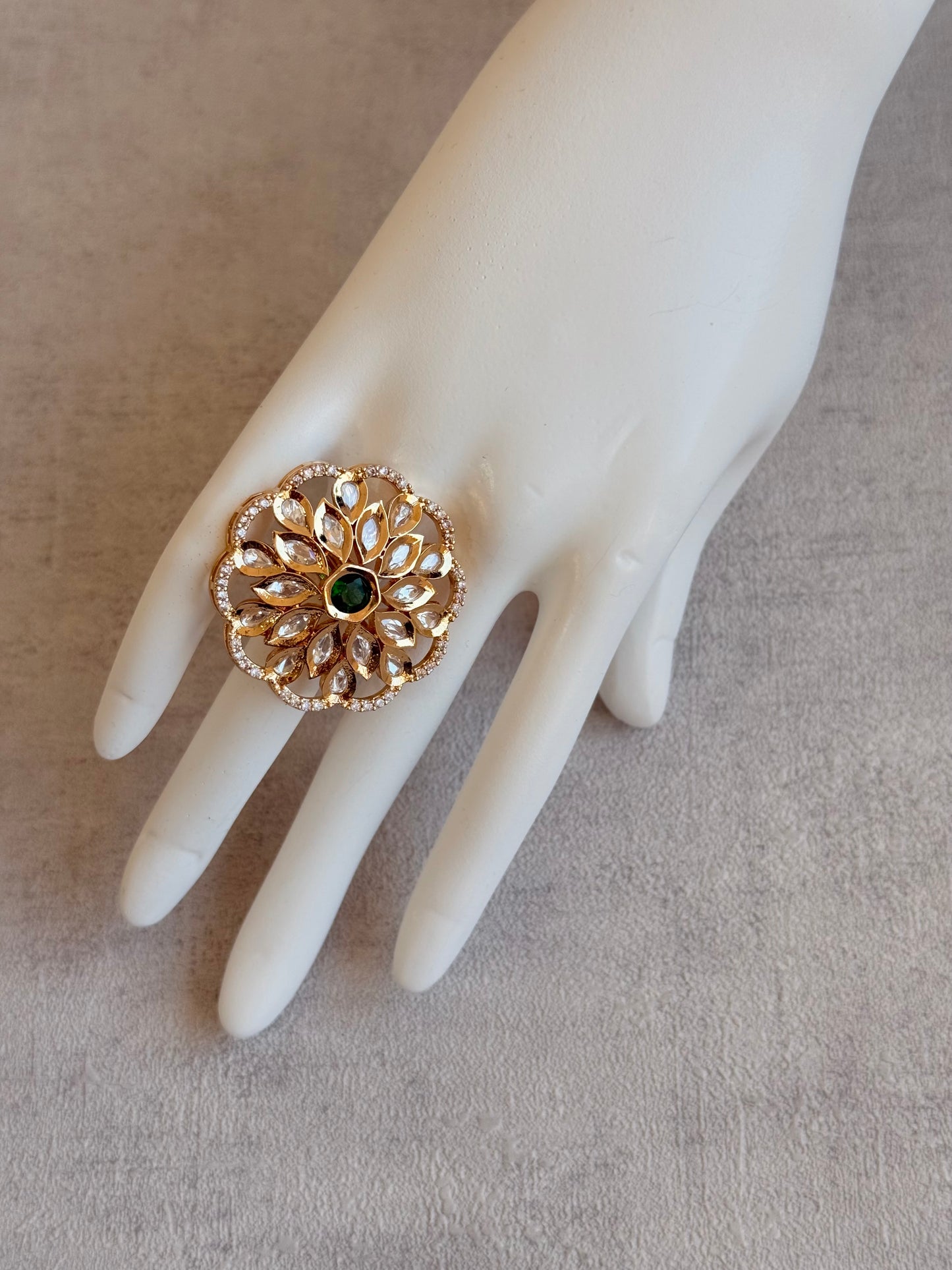 Ayura Designs Elisa Adjustable Ring – Moissanite Floral Ring with Emerald Green Centre & Crystal Border