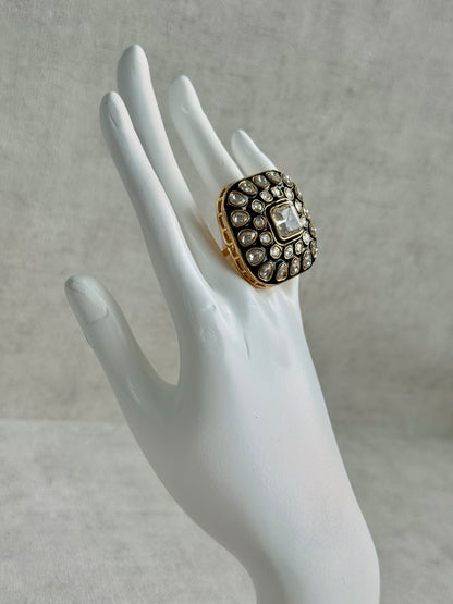 Ayura Designs Arzoo Adjustable Ring – Mirror-Cut Stone Centre with Green Enamel & Crystal Detailing