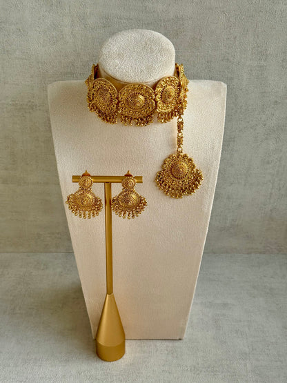 Ayura Designs Rami Choker Set with Earrings & Tikka – Antique Gold Medallions with Ghungroo Drops