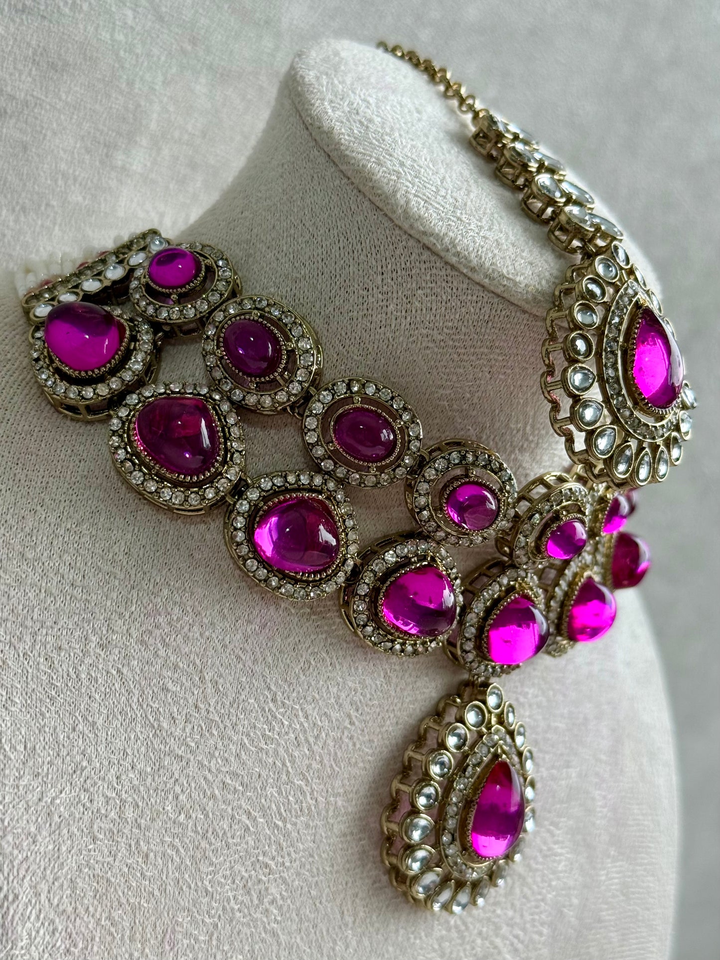 Ayura Designs Tamara Set with Necklace, Earrings & Tikka – Fuchsia Stones, Kundan Borders & Antique Gold Finish
