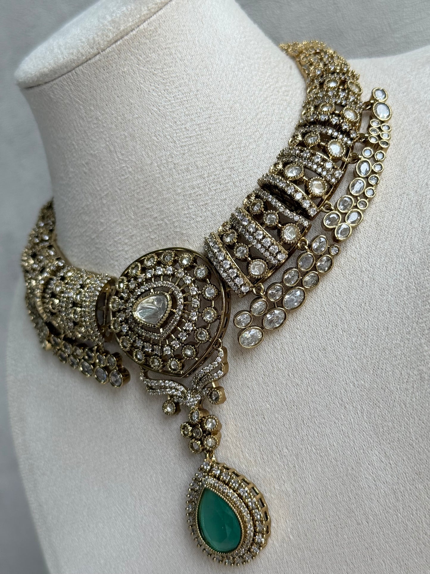Ayura Designs Ahana Necklace Set with Earrings – Mint Green Teardrop Stones & Moissanite Detailing