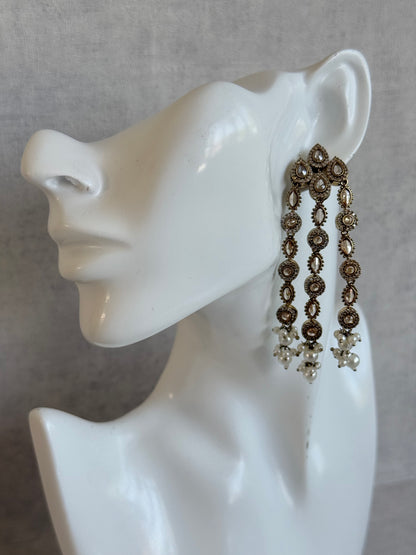Ayura Designs Emilia Earrings – Gold Triple Strand Statement Earrings with Champagne Stones & Pearl Drops