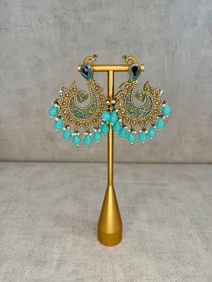 Ayura Designs Moorni Earrings – Peacock-Inspired Chandbalis with Aqua Blue Meenakari, Kundan, and Pearl Accents