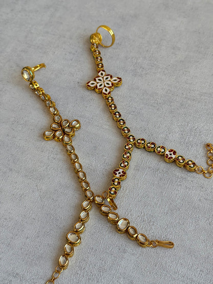 Ayura Designs Raina Haathphool – Kundan Hand Ornament with Floral Motif & Enamel Detailing