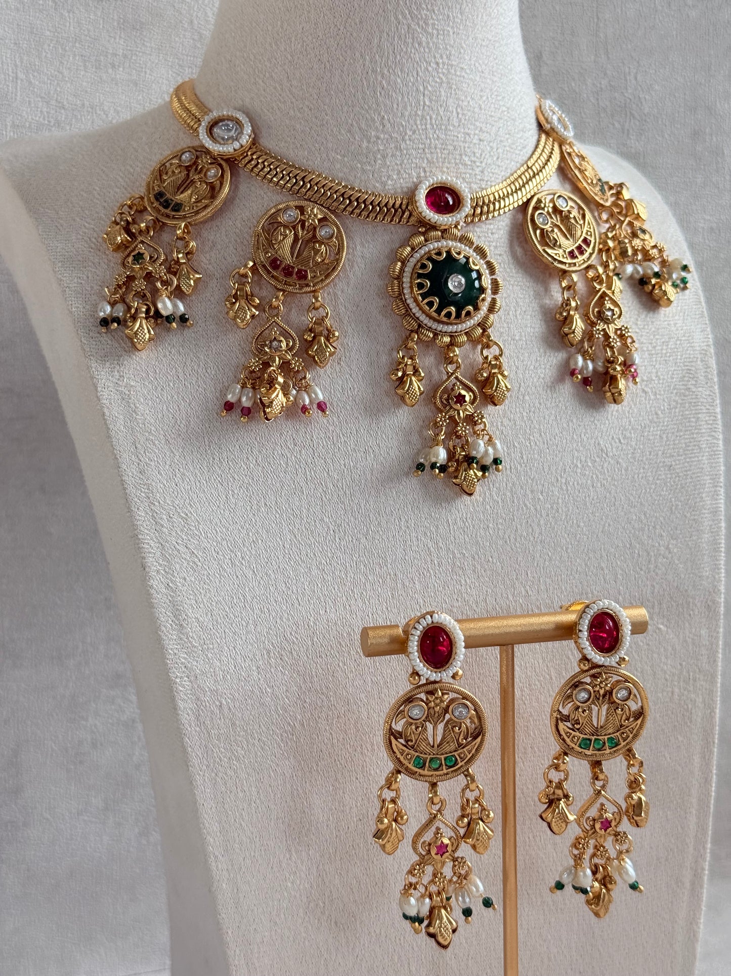 Ayura Designs Parchhai Necklace Set with Earrings – Ruby Red, Rose Pink & Emerald Green Stones, Bird Motifs & Pearl Detailing