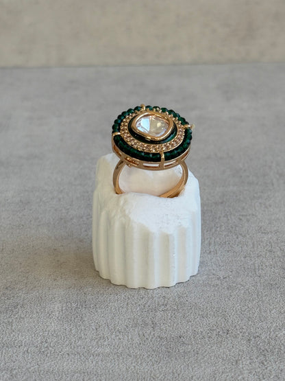 Ayura Designs Roselle Adjustable Ring – Moissanite Centre with Crystal Border & Emerald Green Beads