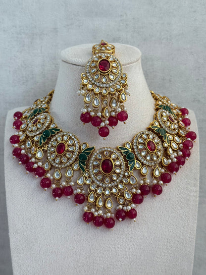 Ayura Designs Zara Set with Necklace, Earrings, Tikka & Passa – Antique Gold with Kundan Detailing & Rani Pink Beads