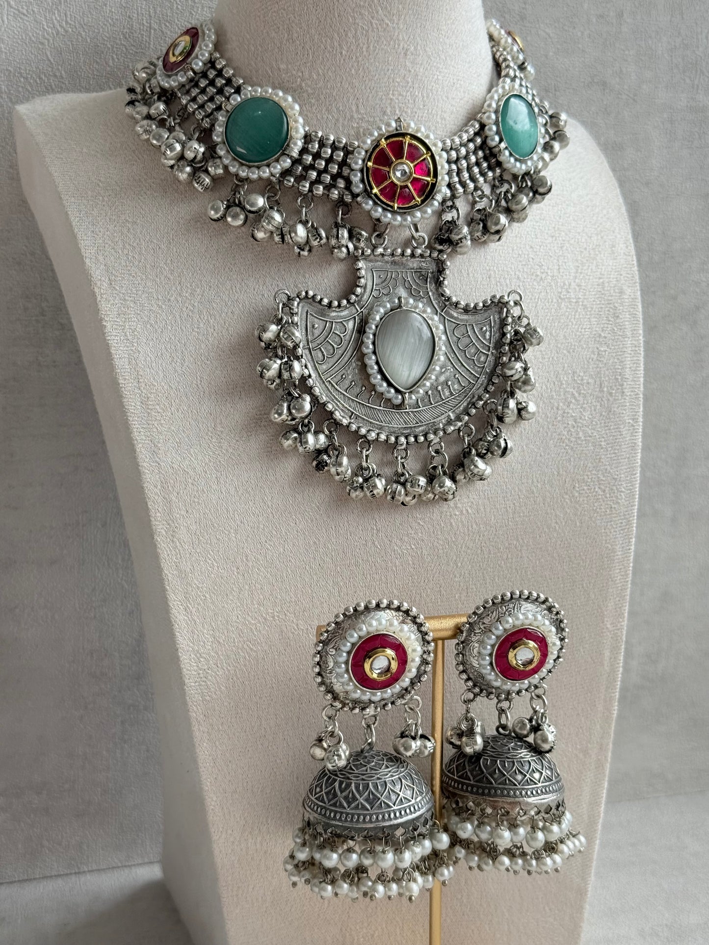 Ayura Designs Zareefa Necklace Set with Jhumkis – Oxidised Silver Pendant Necklace with Multicolour Stones, Pearl Detailing & Ghungroo Accents