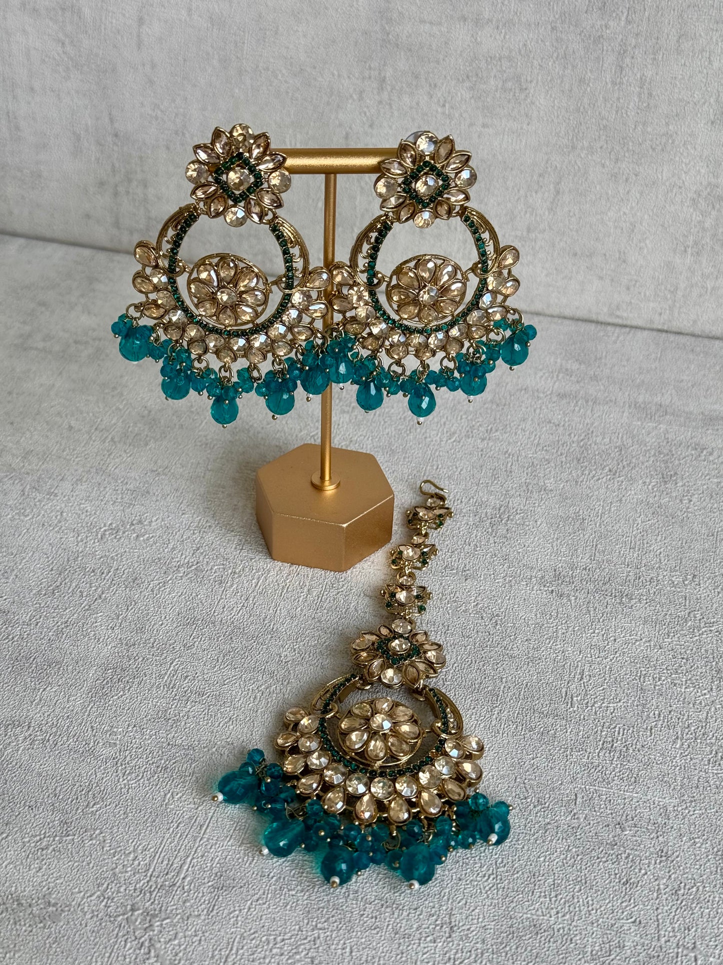 Ayura Designs Feroza Tikka & Earrings Set – Gold-Plated with Handcrafted Kundan Work, Teal Bead Droplets & Intricate Floral Motifs
