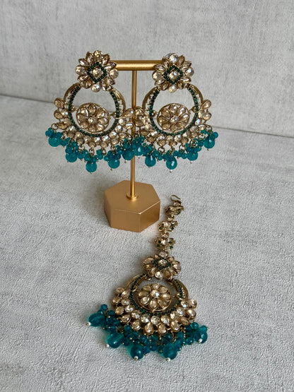 Ayura Designs Feroza Tikka & Earrings Set – Gold-Plated with Handcrafted Kundan Work, Teal Bead Droplets & Intricate Floral Motifs