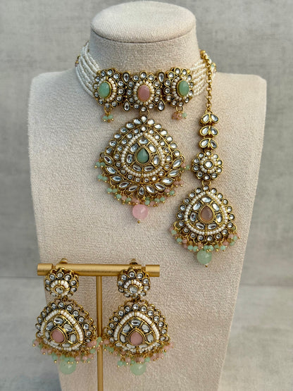 Ayura Designs Tehreem Set with Necklace, Earrings & Tikka – Mirror-Cut Stones, Mint Green & Pink Beads & Antique Gold Finish