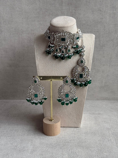 Ayura Designs Nandhini Set – Choker, Earrings & Tikka with Emerald Green Stones, Pearls & Silver Finish