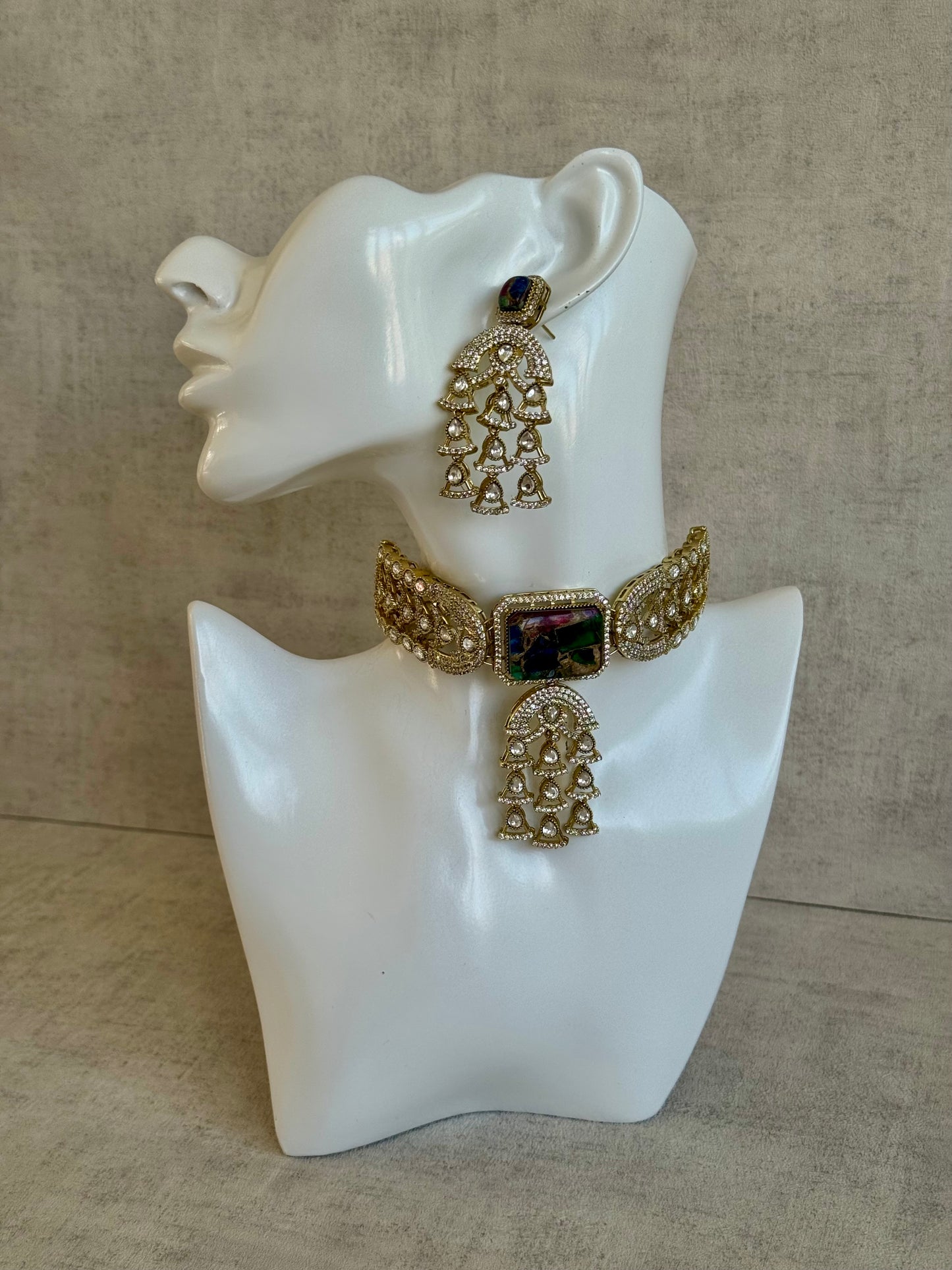 Ayura Designs Isla Choker Set with Earrings – Multicolour Marble & Moissanite Stones