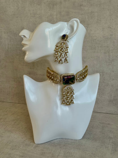 Ayura Designs Isla Choker Set with Earrings – Multicolour Marble & Moissanite Stones
