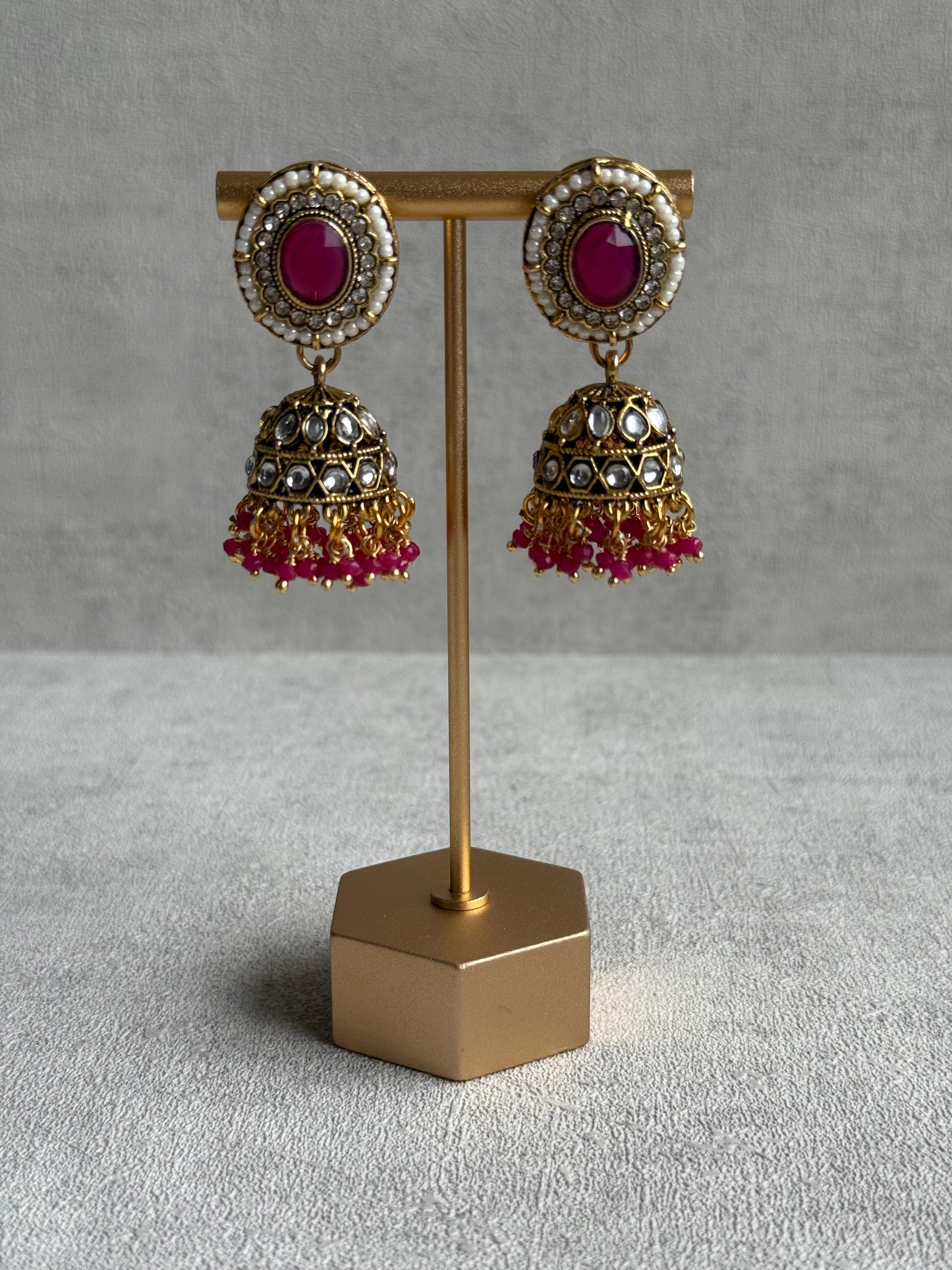 Ayura Designs Muskaan Set – Choker, Jhumkis & Tikka with Hot Pink Beads, Kundan Stones & Antique Gold Finish