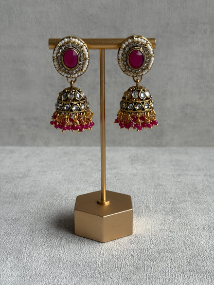 Ayura Designs Muskaan Set – Choker, Jhumkis & Tikka with Hot Pink Beads, Kundan Stones & Antique Gold Finish