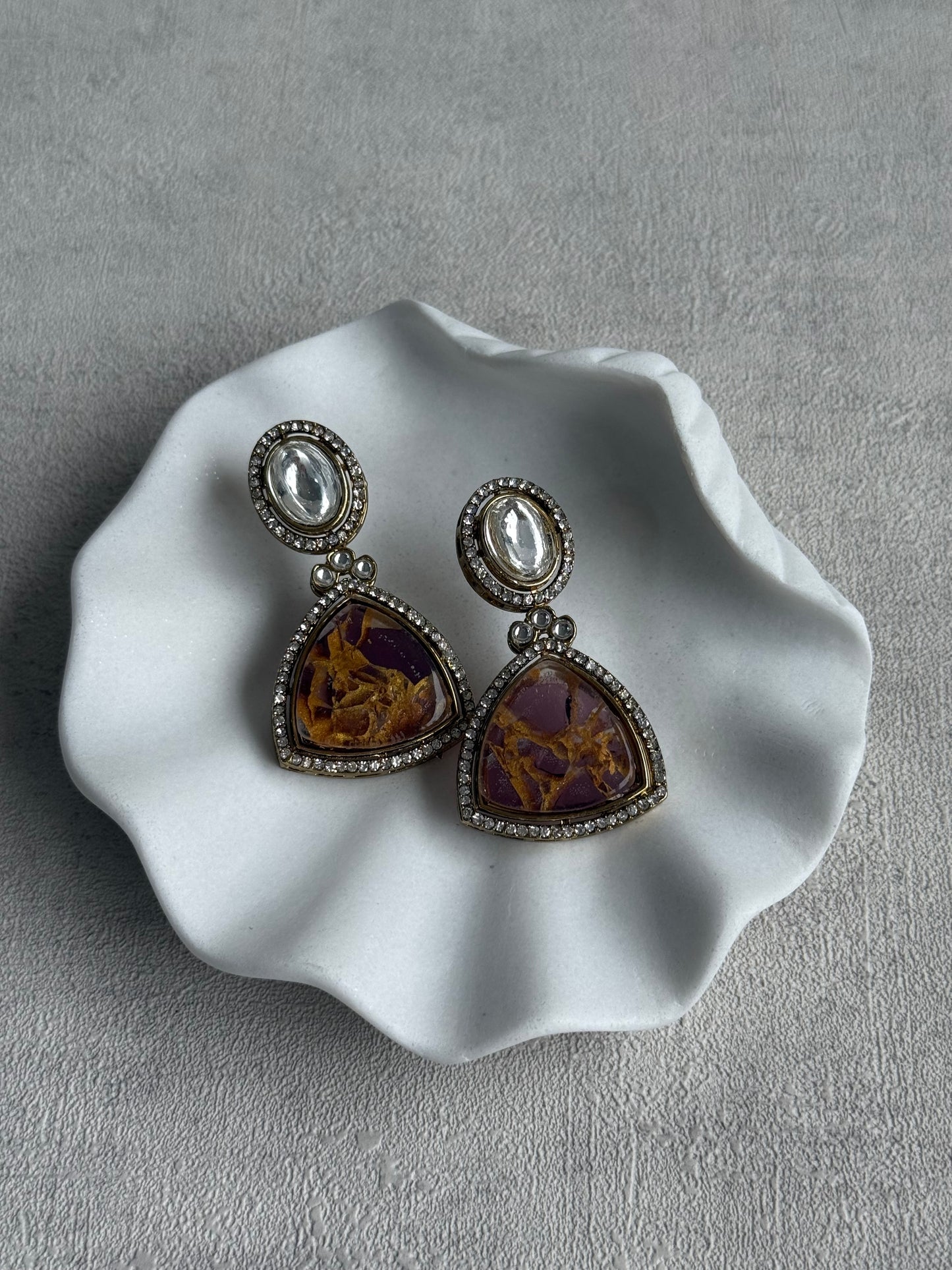 Ayura Designs Florence Earrings – mirror cut studs with Berry Pink Marble Resin & Crystal Borders