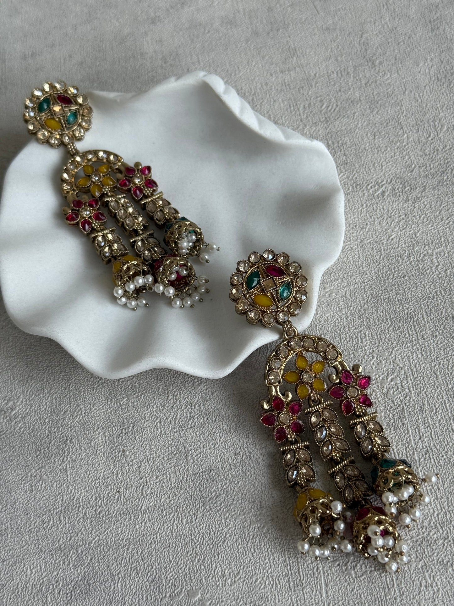 Ayura Designs Soraya Earrings – Multicolour Stones, Champagne Crystals, Pearl Detailing & Gold Finish
