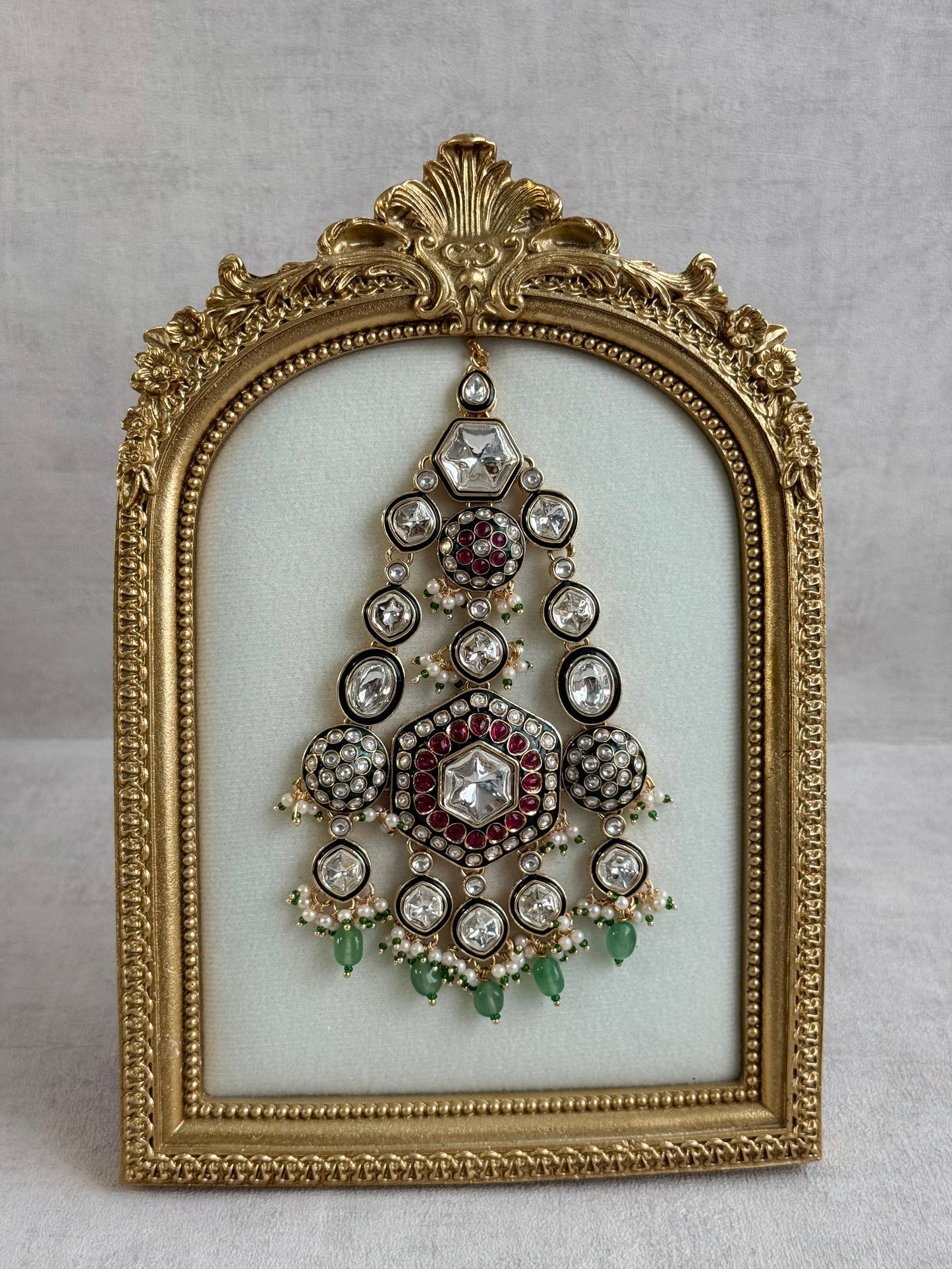 Ayura Designs Visha Jhoomar Passa – Polki Kundan with Ruby Pink Stones, Jade Green Drops & Pearl Detailing
