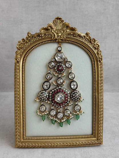 Ayura Designs Visha Jhoomar Passa – Polki Kundan with Ruby Pink Stones, Jade Green Drops & Pearl Detailing