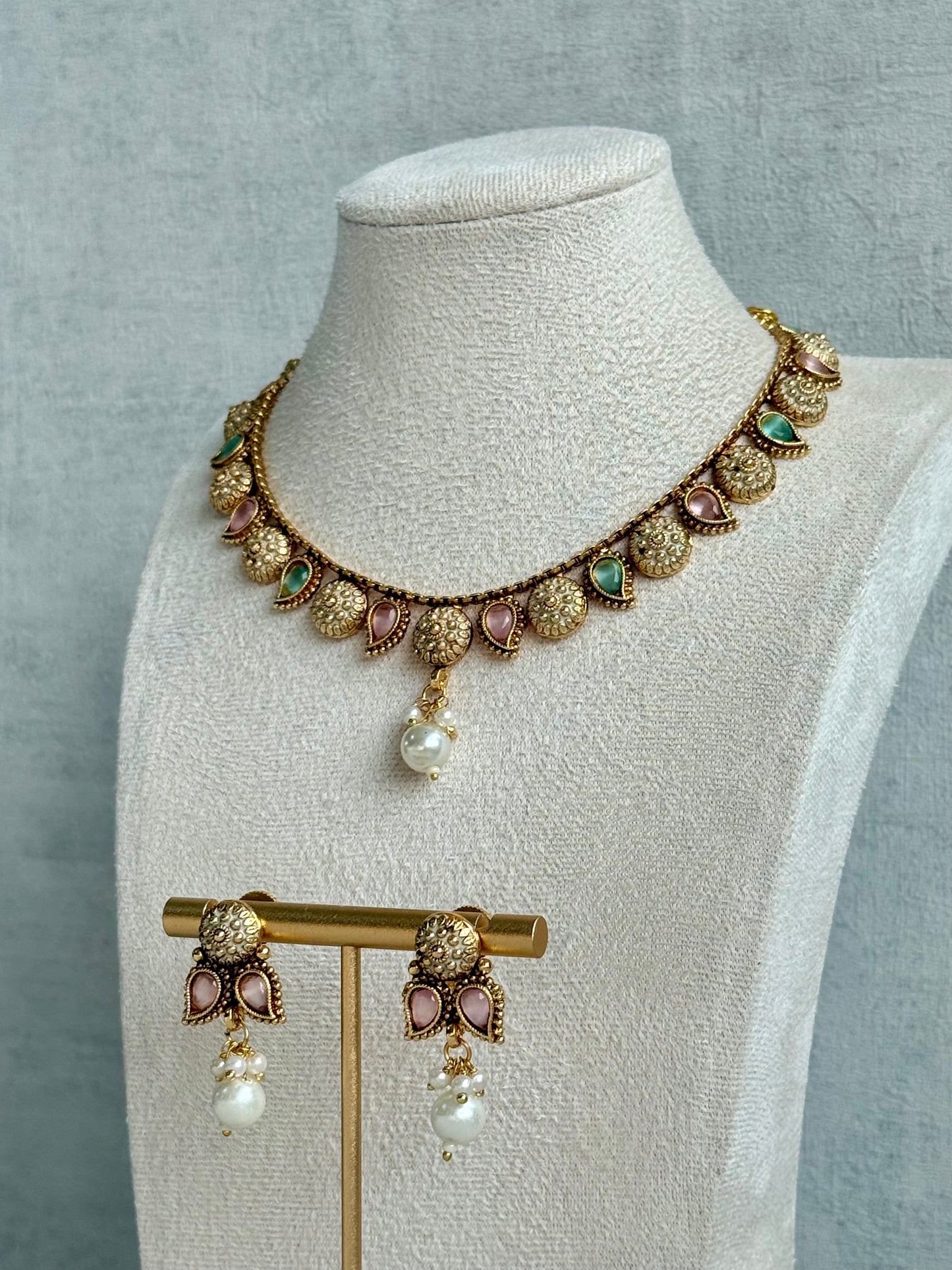 Ayura Designs Mayura Necklace Set with Earrings – Antique Gold Meenakari Motifs with Pearl Drop & Blush Pink and Mint Green Stones