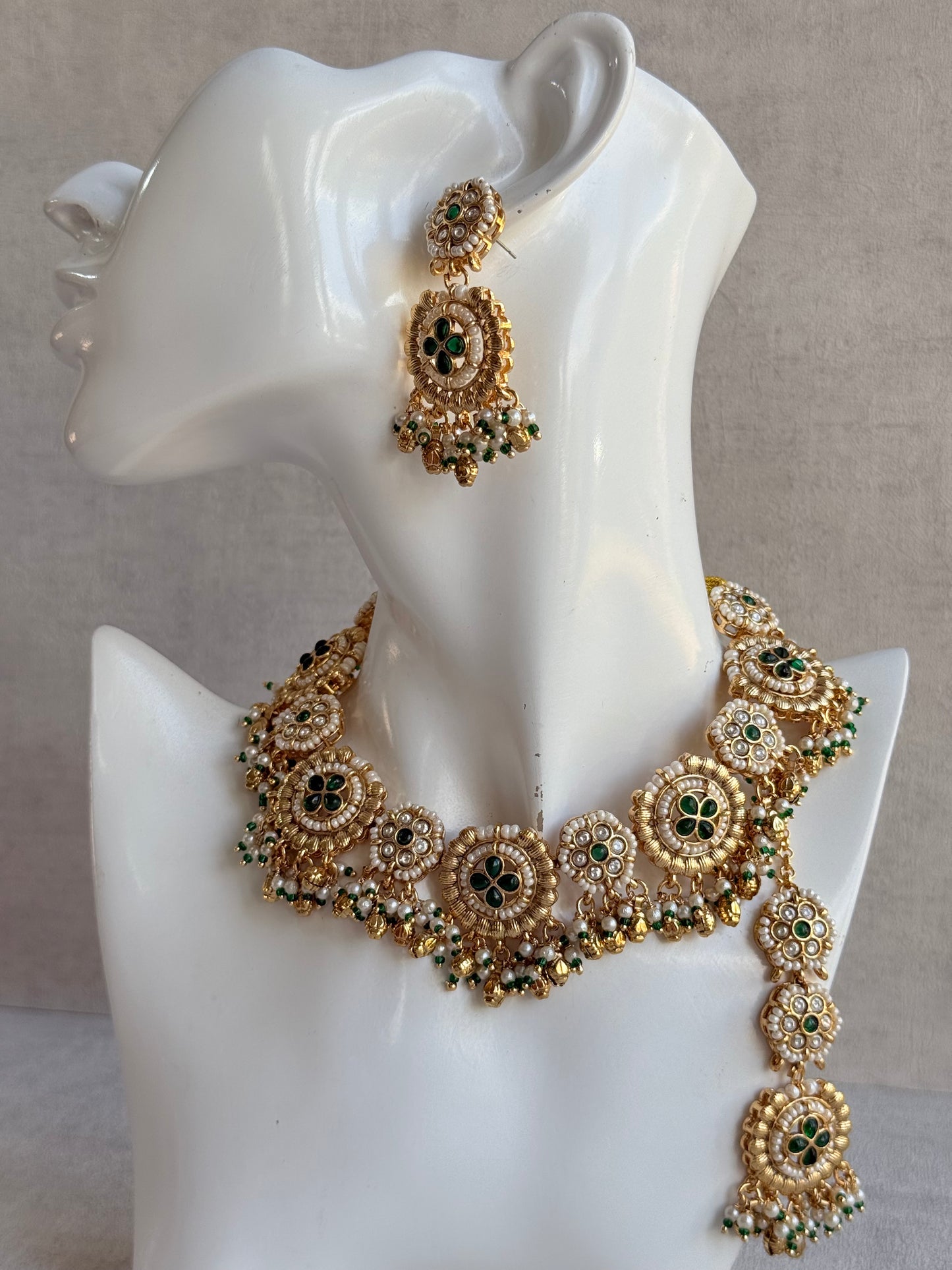Ayura Designs Manika Necklace Set with Earrings & Tikka – Gold Finish with Emerald Green Stones, Pearls & Ghungroos