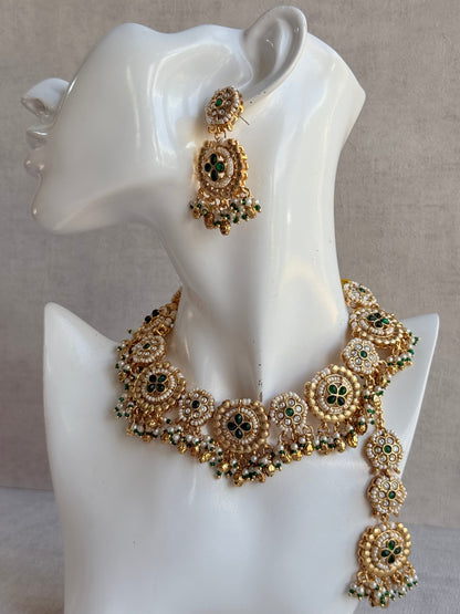 Ayura Designs Manika Necklace Set with Earrings & Tikka – Gold Finish with Emerald Green Stones, Pearls & Ghungroos