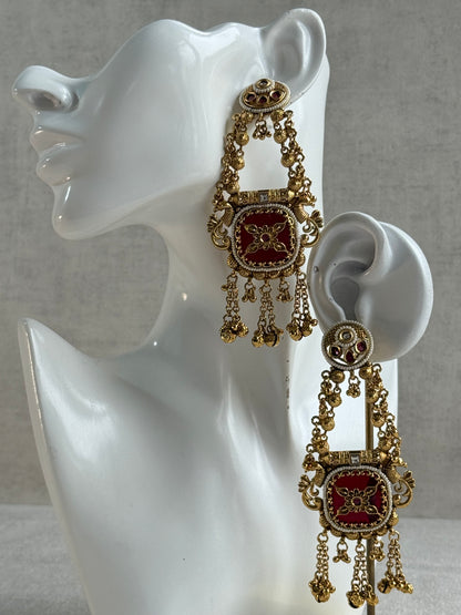 Ayura Designs Hazar Earrings – Gold Peacock Design with Ruby Red Enamel, Pearl Beading & Ghungroo Detailing