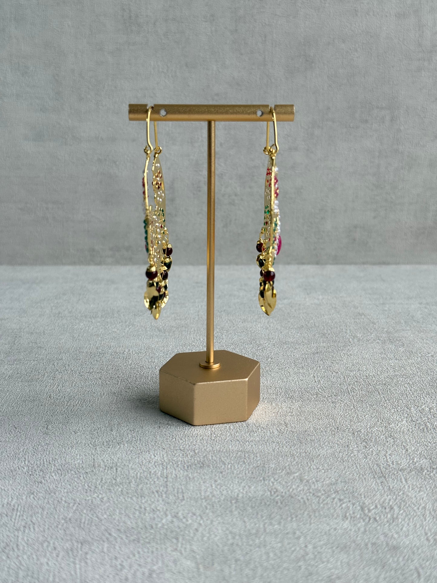 Ayura Designs Nimrat Balis – Pink & Multicolour Stones with Maroon & Green Beads and Pippal Patti Detailing