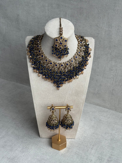 Ayura Designs Rayna Set with Necklace & Tikka – Champagne Crystals, Ink Blue Beads & Antique Gold Finish