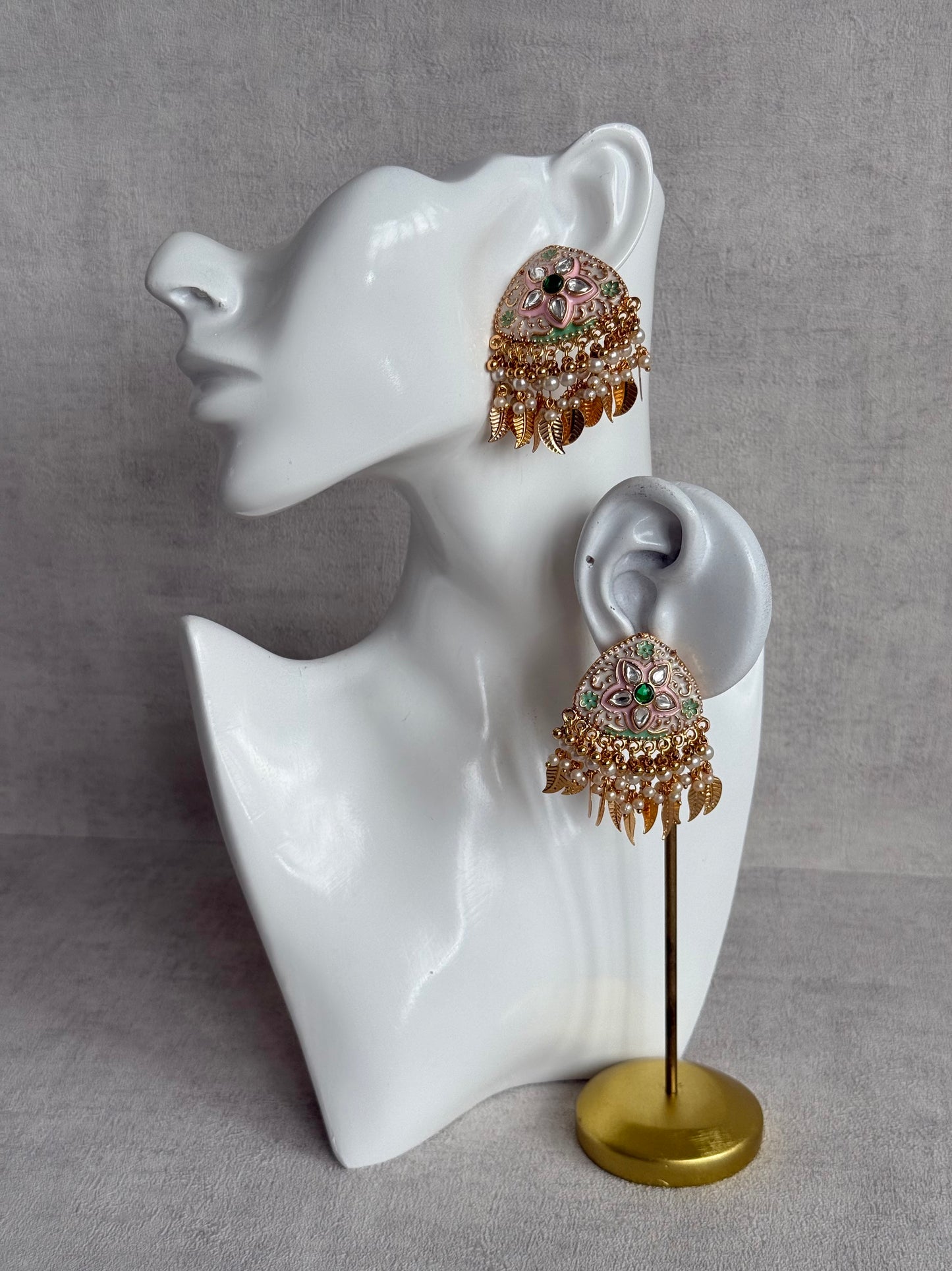Ayura Designs Rozina Earrings – Floral Meenakari Earrings with Emerald Green Centre Stone, Pearl Clusters & Gold Leaf Charms