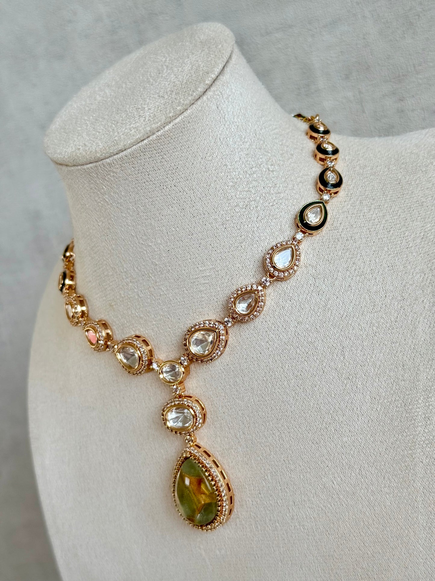 Ayura Designs Lilly Necklace Set with Earrings – Moissanite Stones with Marble Green Teardrop Pendant & Crystal Detailing
