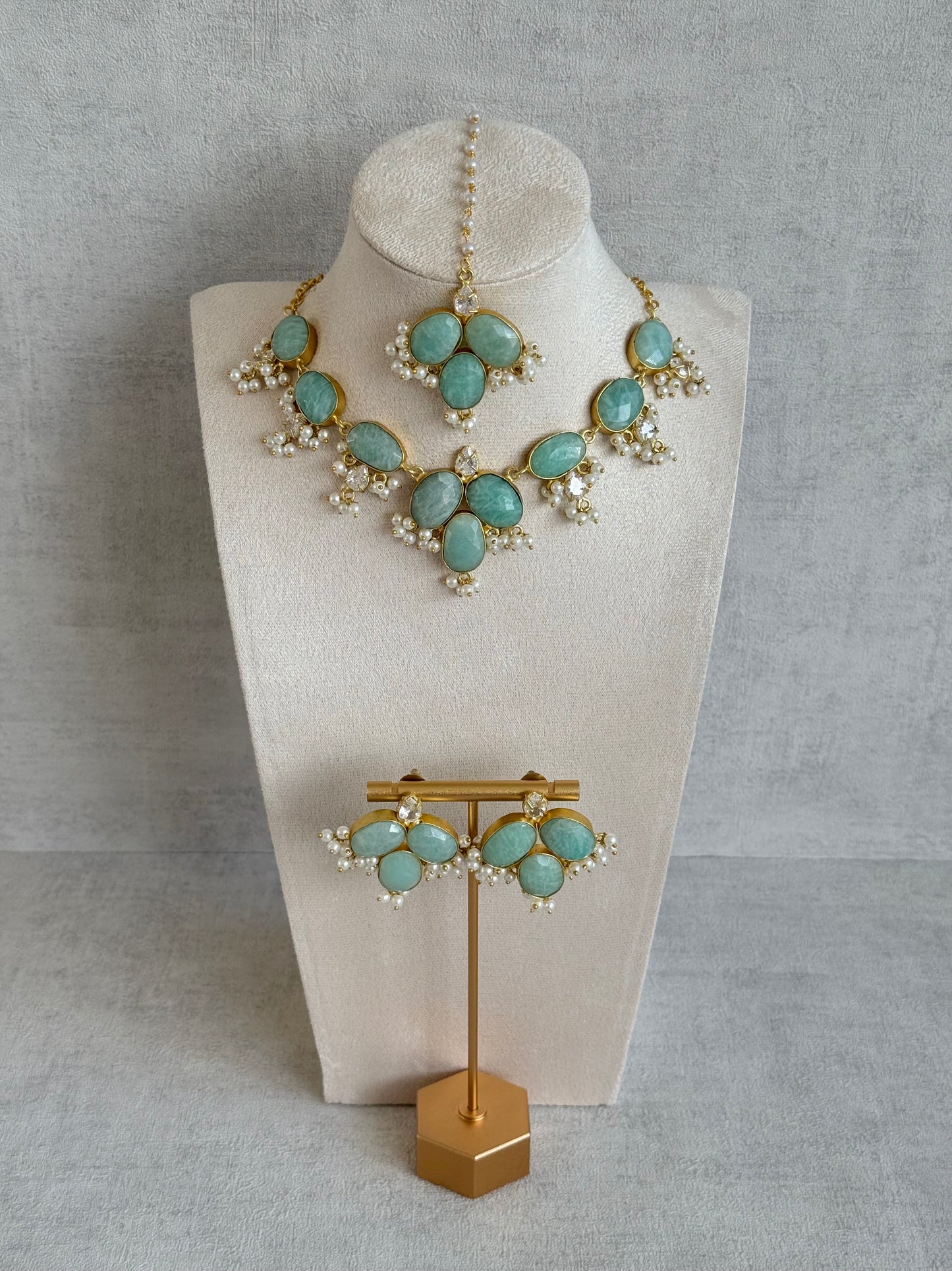 Ayura Designs Anahita Set with Tikka & Earrings – Amazonite, Crystals & Pearls
