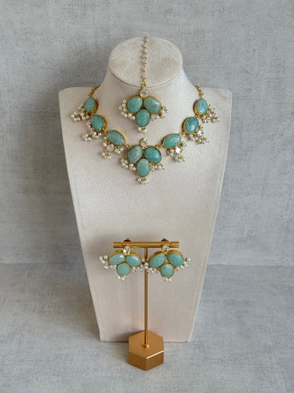 Ayura Designs Anahita Set with Tikka & Earrings – Amazonite, Crystals & Pearls