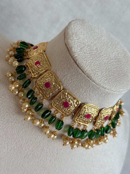 Ayura Designs Chetna Choker Set with Earrings & Tikka – Emerald Green Beads, Cream Pearl Drops with Pipal Patti Detailing