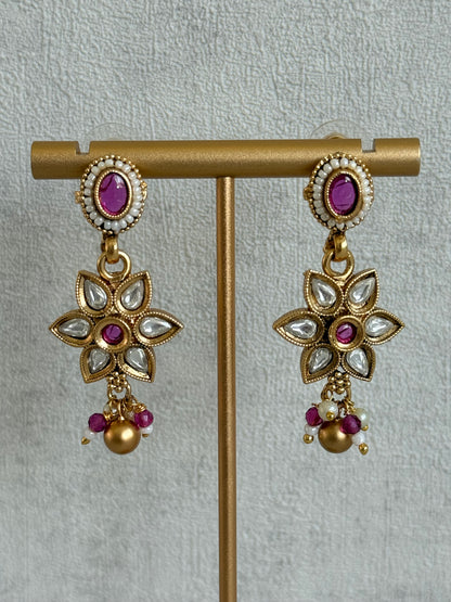 Ayura Designs Daksha Necklace Set with Earrings – Gold Layered Chain Necklace with Ruby Pink Kundan Floral Motifs