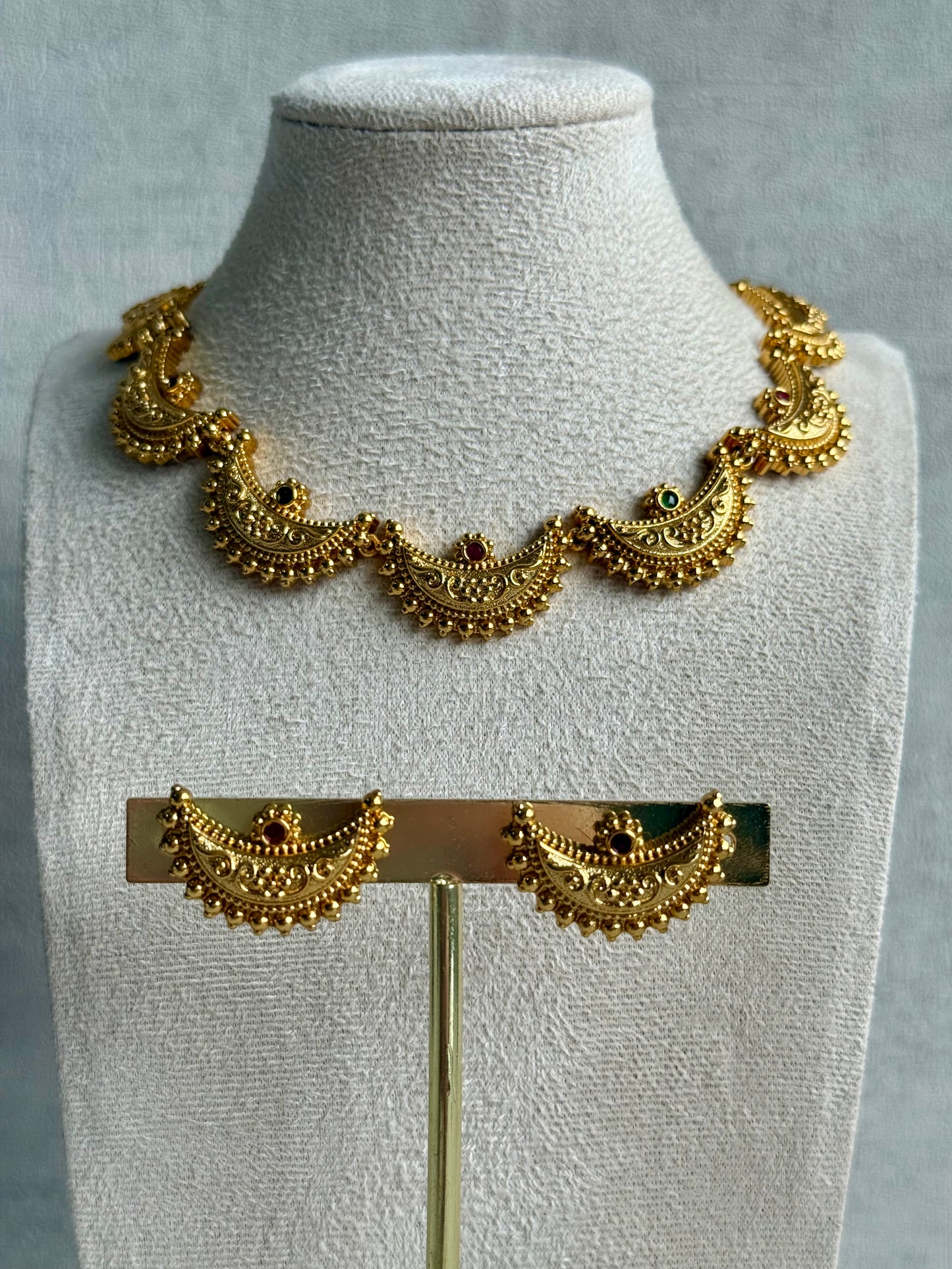 Ayura Designs Dhun Set – Necklace & Earrings with Antique Gold Crescent Motifs, Rani Pink & Emerald Detailing