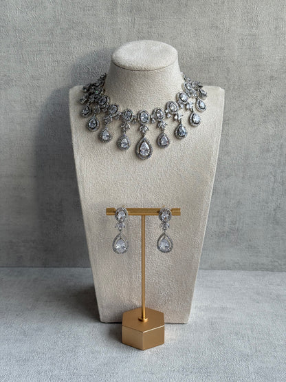 Ayura Designs Grace Set with Necklace & Earrings – Pear-Cut Moissanite Stones, Halo Detailing & Antique Silver Finish