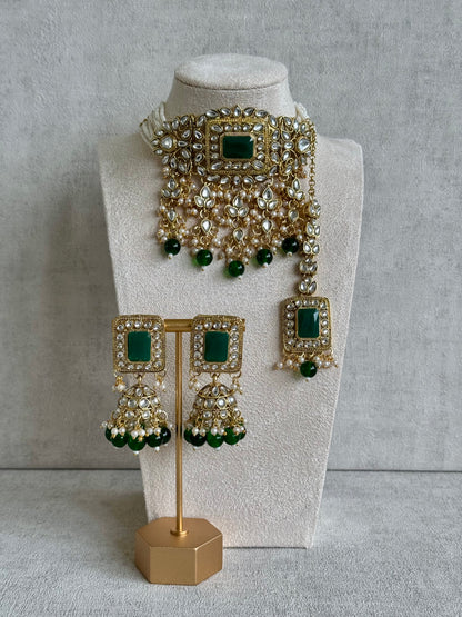 Ayura Designs Maya Set with Jhumkis & Tikka – Emerald Green Stones & Kundan Detailing