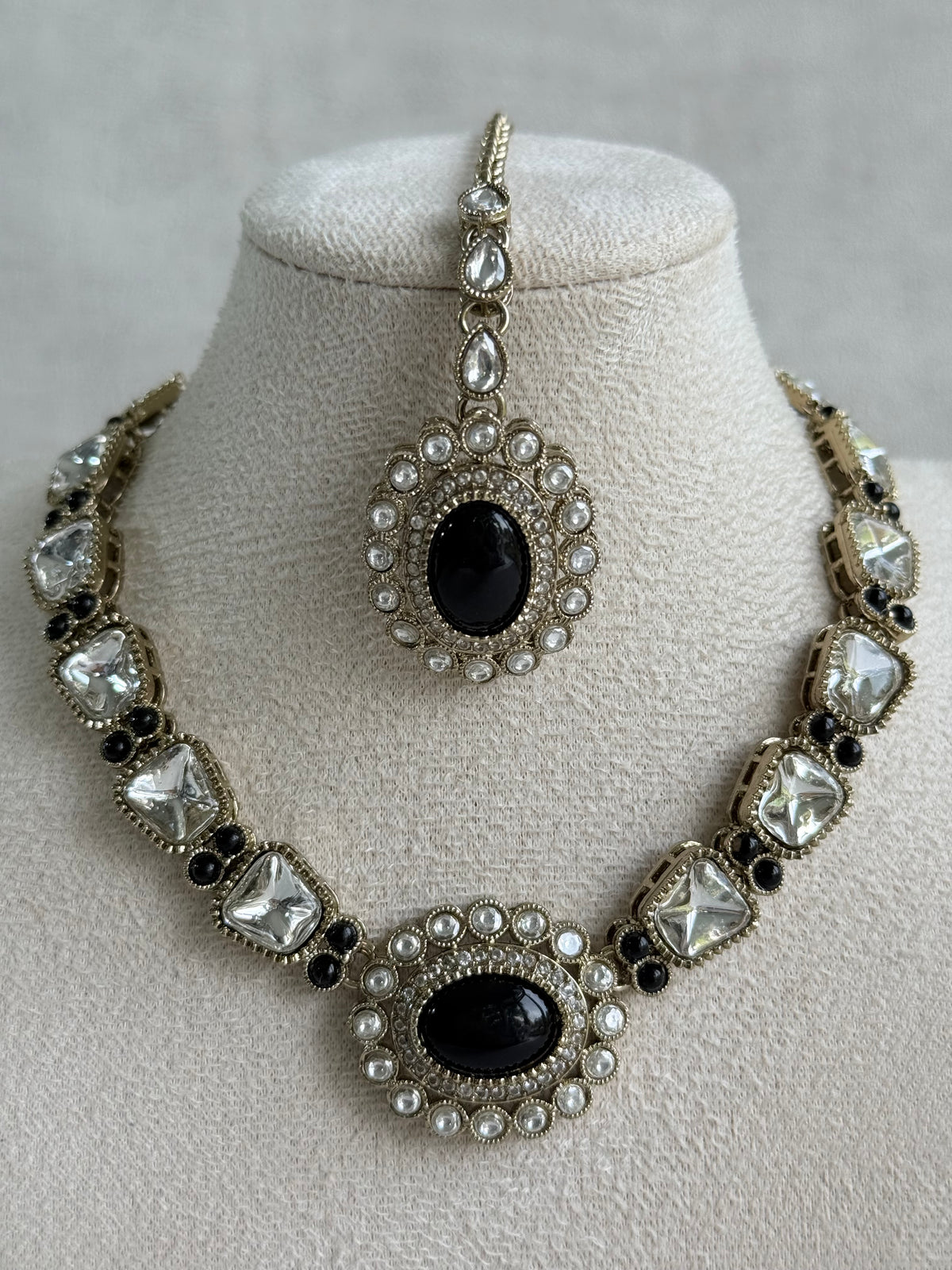 Ayura Designs Inza Necklace Set – Black Stones, Kundan & Crystals with Antique Gold Finish