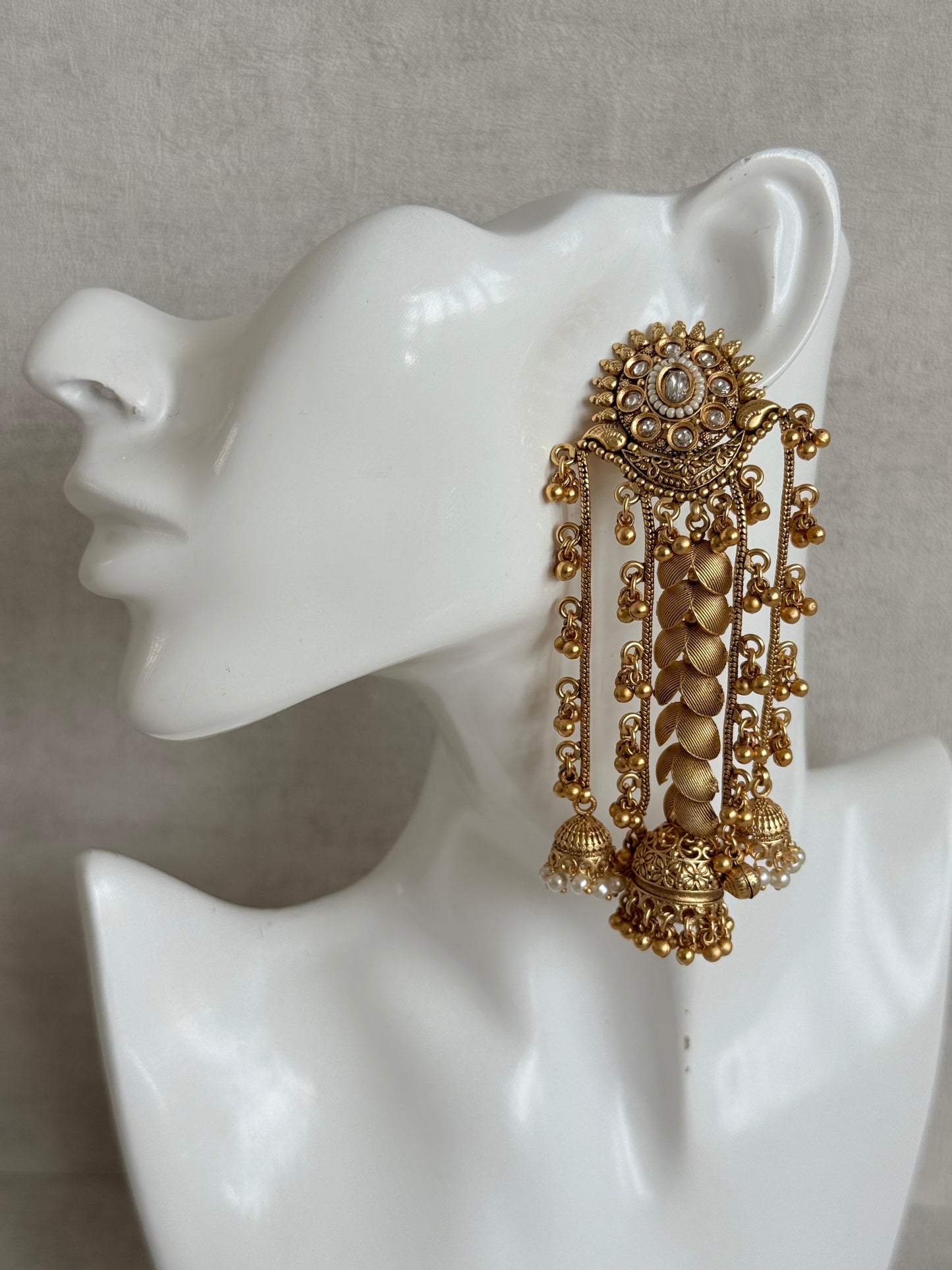 Ayura Designs Ishya Jhumkis – Gold Ghungroo Chain Earrings with Ivory Kundan & Pearls