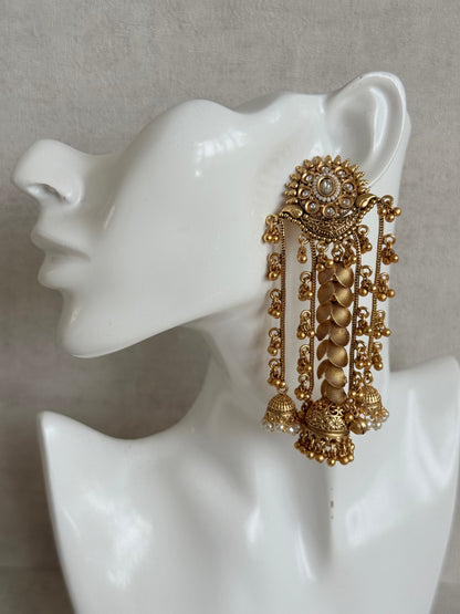 Ayura Designs Ishya Jhumkis – Gold Ghungroo Chain Earrings with Ivory Kundan & Pearls