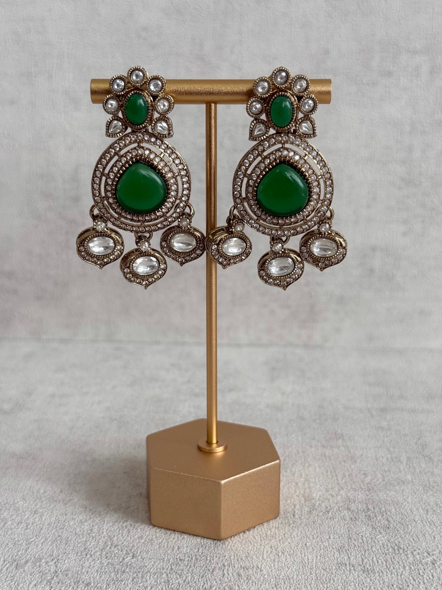 Ayura Designs Rahi Necklace Set with Earrings & Tikka – Emerald Green Stones with Mirror-Cut Detailing & Pearl Strands
