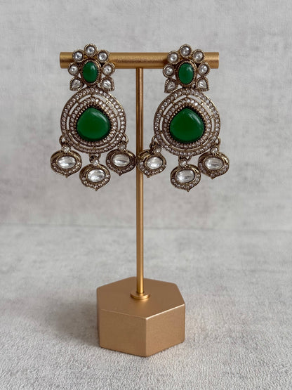 Ayura Designs Rahi Necklace Set with Earrings & Tikka – Emerald Green Stones with Mirror-Cut Detailing & Pearl Strands