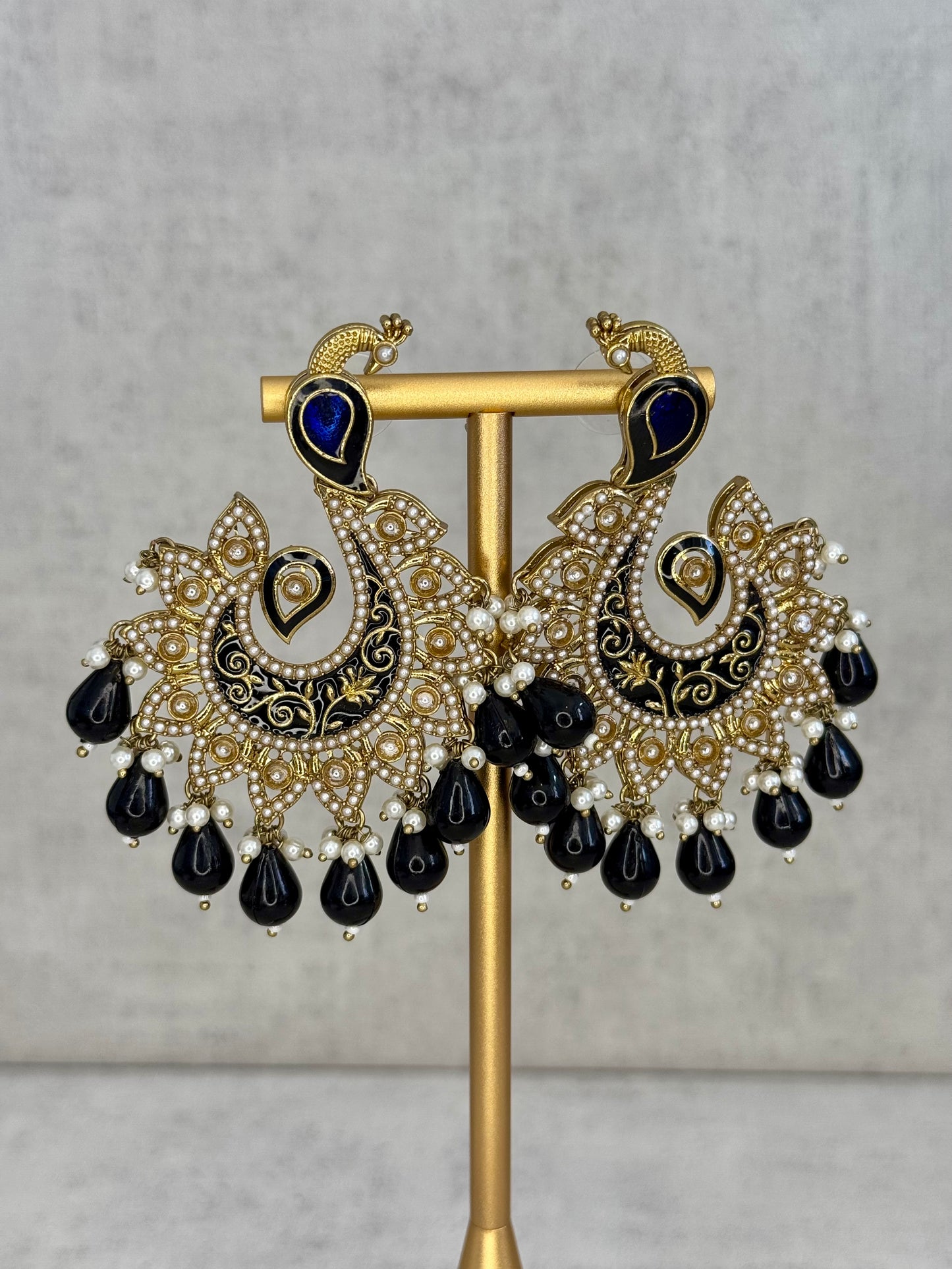 Ayura Designs Moorni Earrings – Peacock-Inspired Chandbalis with Navy Blue Meenakari, Kundan, and Pearl Accents